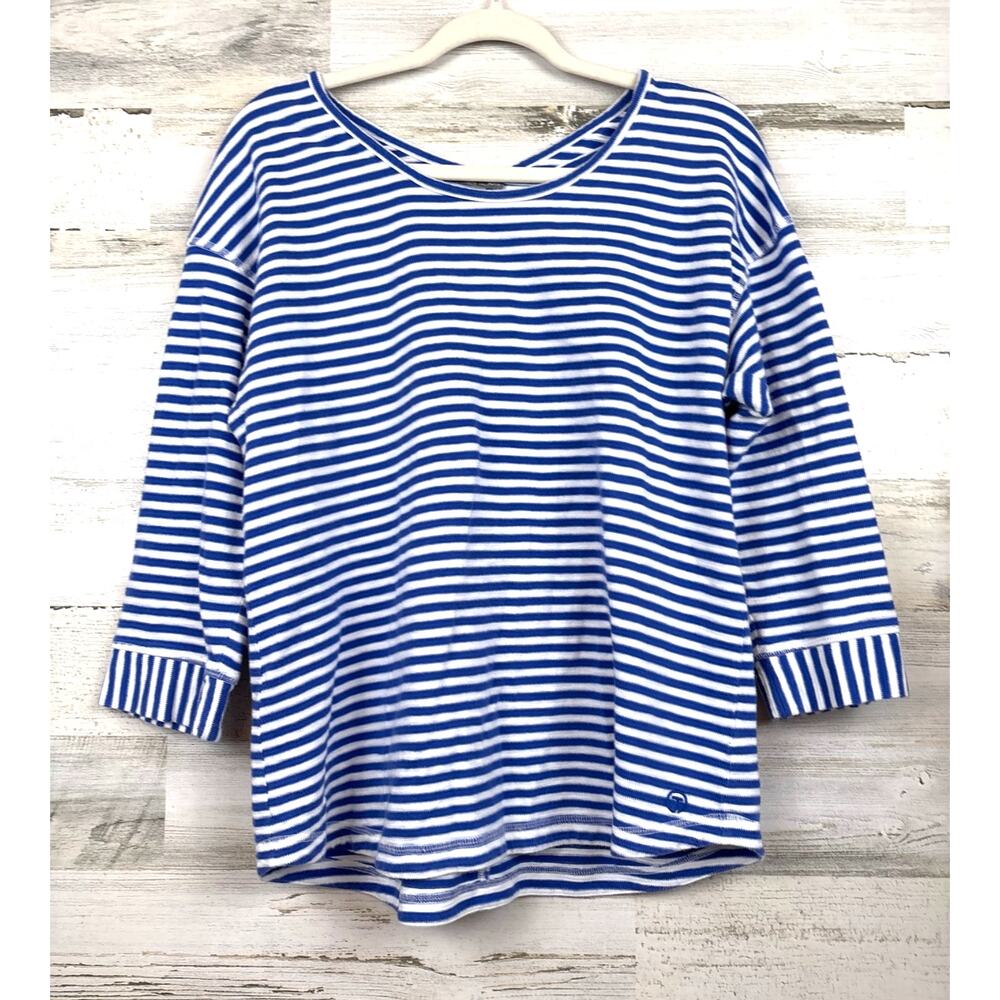 T by Talbots Womens XL Blue White Stripe Crisscross 3/4 Sleeve Tee Casual